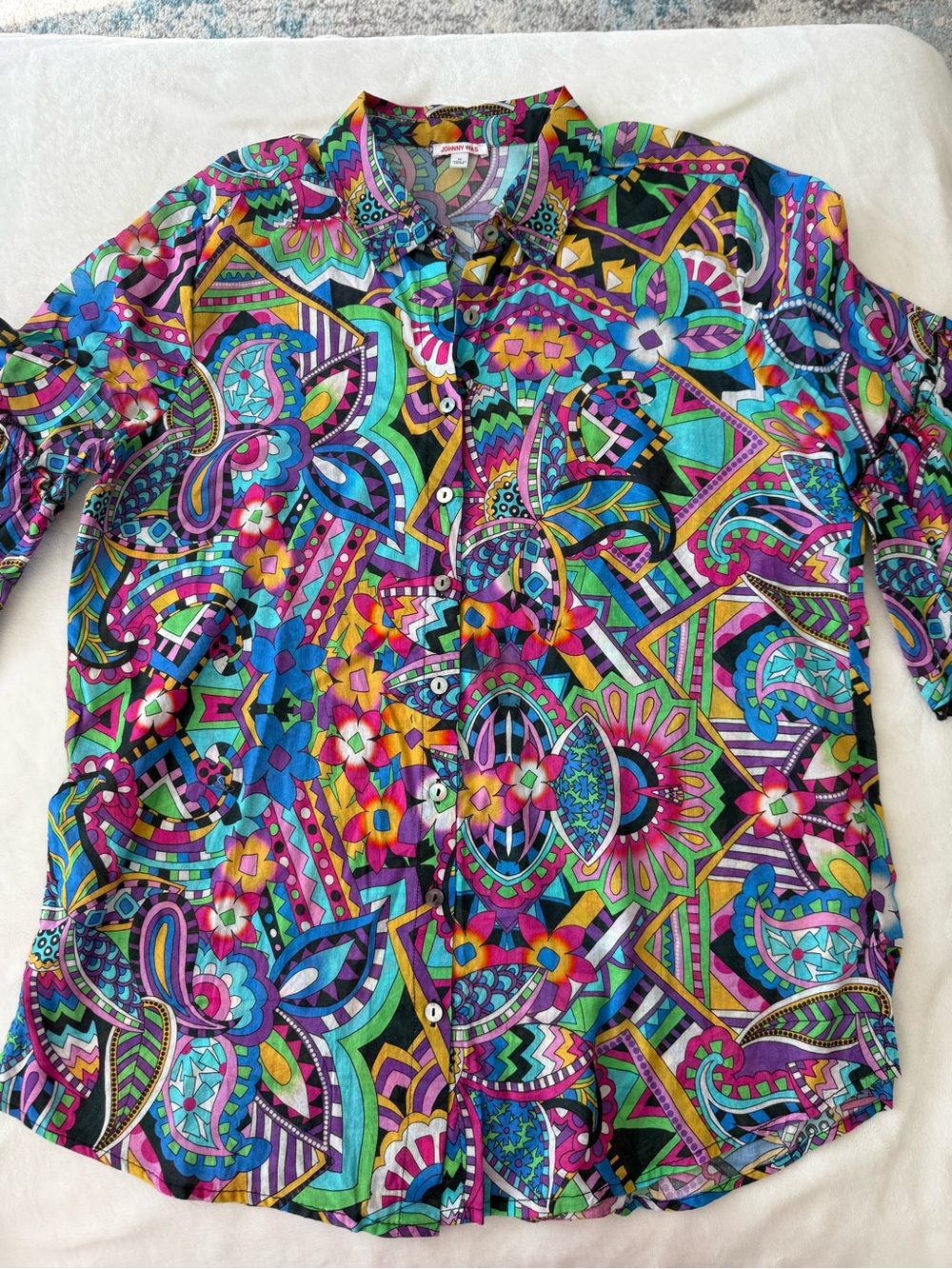 Johnny Was Colorful Button Down Blouse Size Medium Ruffle Flare Sleeves D85